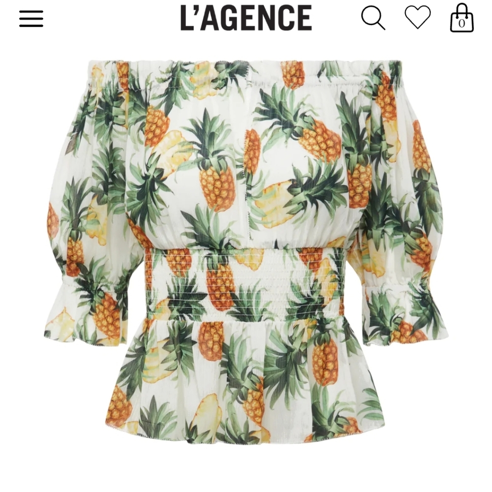 L'AGENCE Aubriella Top, Vintage, White Multi Pineapple, Size Small, Never worn